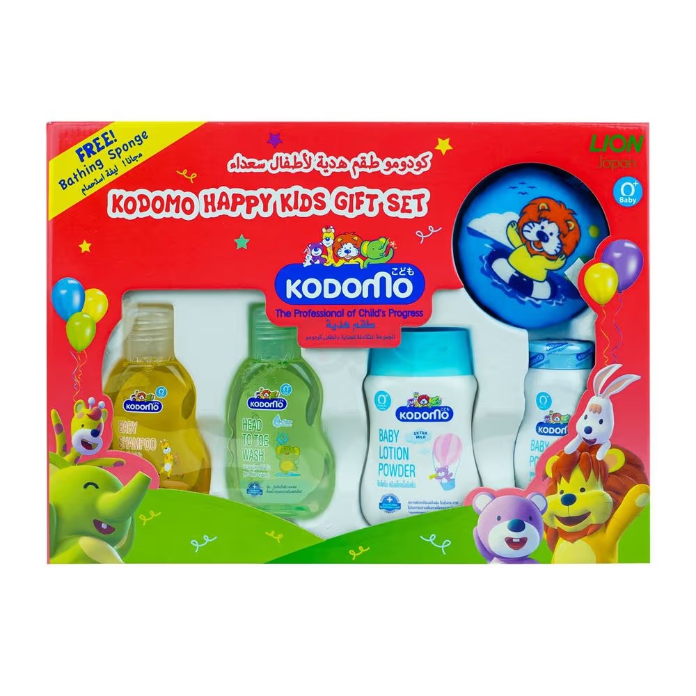 Kodomo Happy Kids Gift Set with Bathing Sponge ( Baby Shampoo + Head to Toe Wash + Baby Powder + Lotion Powder )